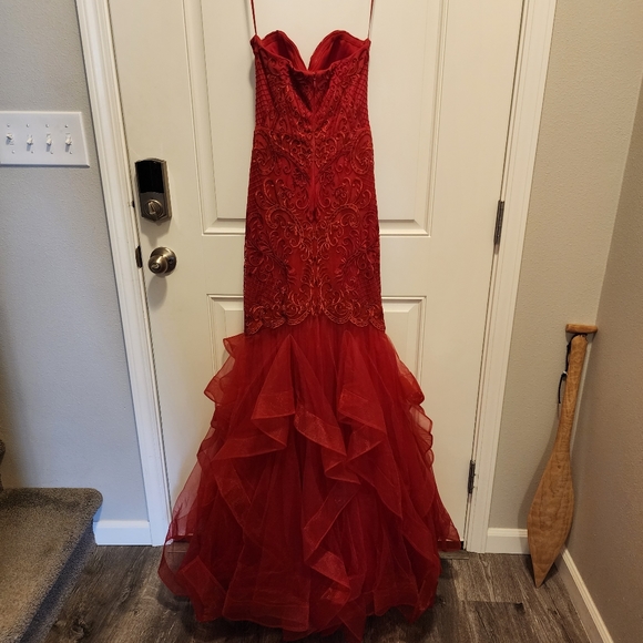NEW RED BEADED PROM DRESS SMALL - Picture 2 of 5